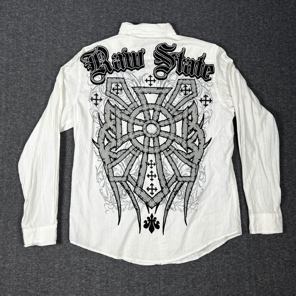 Y2K 2000s Raw State Affliction Button Up Shirt Men's XL White Embroidered Grunge